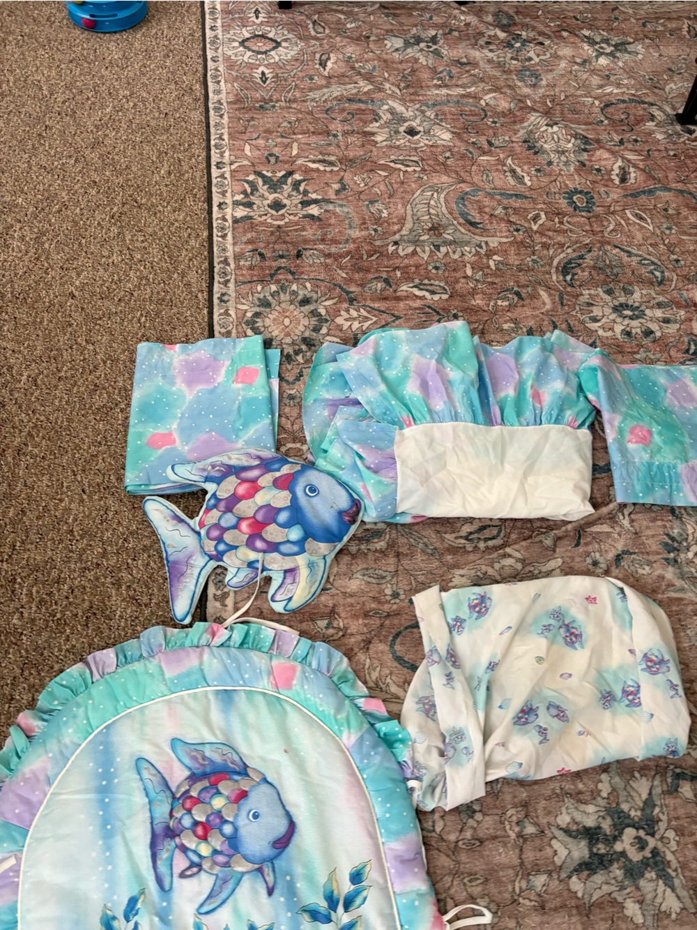 vintage rainbow fish quilt baby crib set (incomplete)